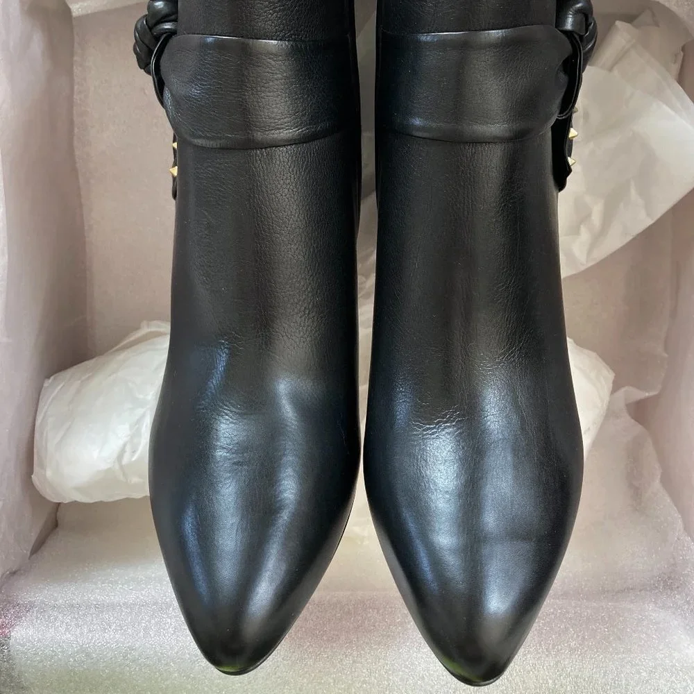 NEW Valentino Garavani Rockstud Leather Boots, Black, EU 38.5, Zip Closure, Bow